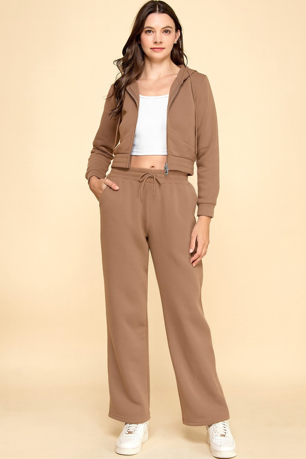 French Terry Fleece 2-piece Set  SOLID FRENCH TERRY FLEECE HOODIE JACKET 2-PIECE SETS Drawstring joggers Model is wearing a size Small