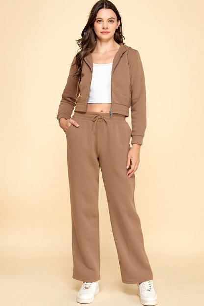 French Terry Fleece 2-piece Set  SOLID FRENCH TERRY FLEECE HOODIE JACKET 2-PIECE SETS Drawstring joggers Model is wearing a size Small