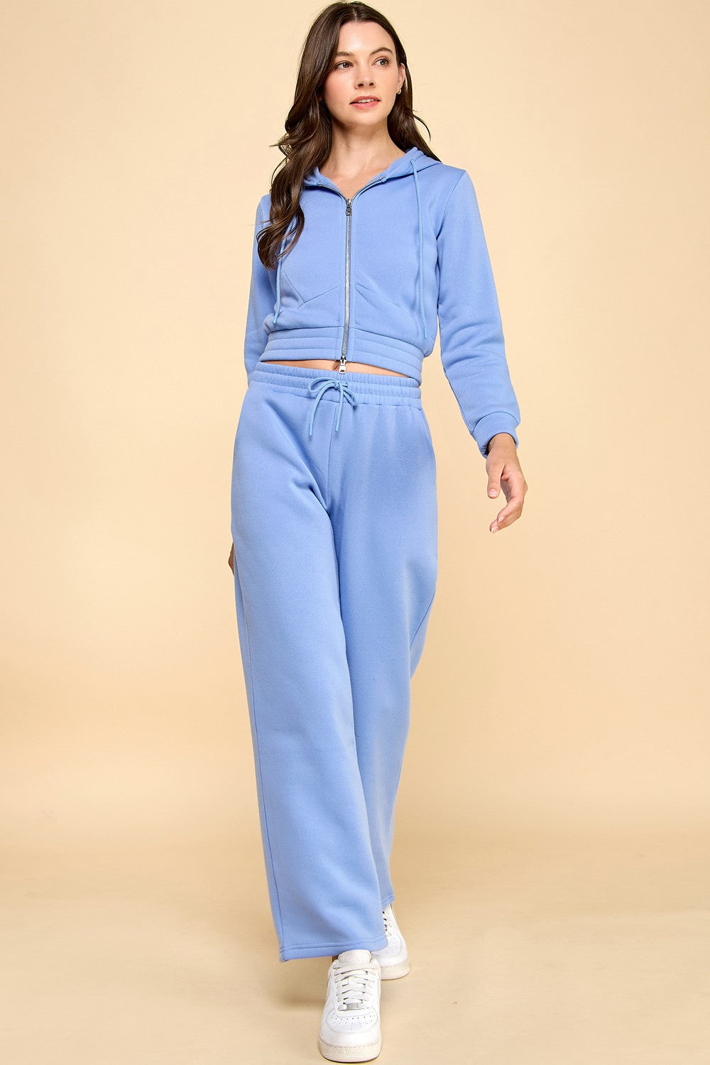 French Terry Fleece 2-piece Set  SOLID FRENCH TERRY FLEECE HOODIE JACKET 2-PIECE SETS Drawstring joggers Model is wearing a size Small