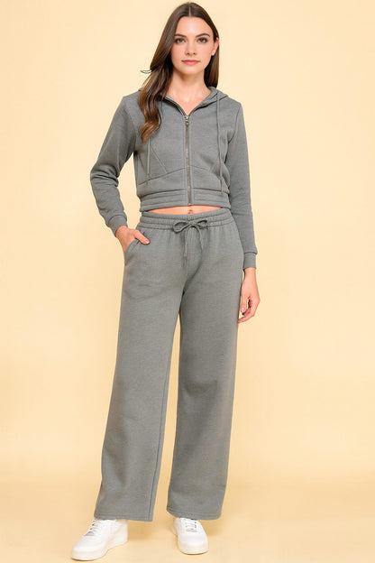 French Terry Fleece 2-piece Set  SOLID FRENCH TERRY FLEECE HOODIE JACKET 2-PIECE SETS Drawstring joggers Model is wearing a size Small