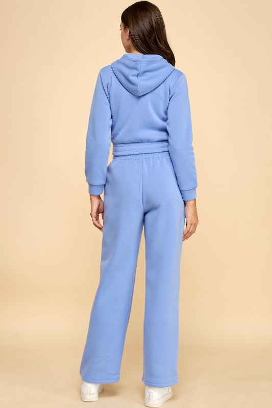 French Terry Fleece 2-piece Set  SOLID FRENCH TERRY FLEECE HOODIE JACKET 2-PIECE SETS Drawstring joggers Model is wearing a size Small